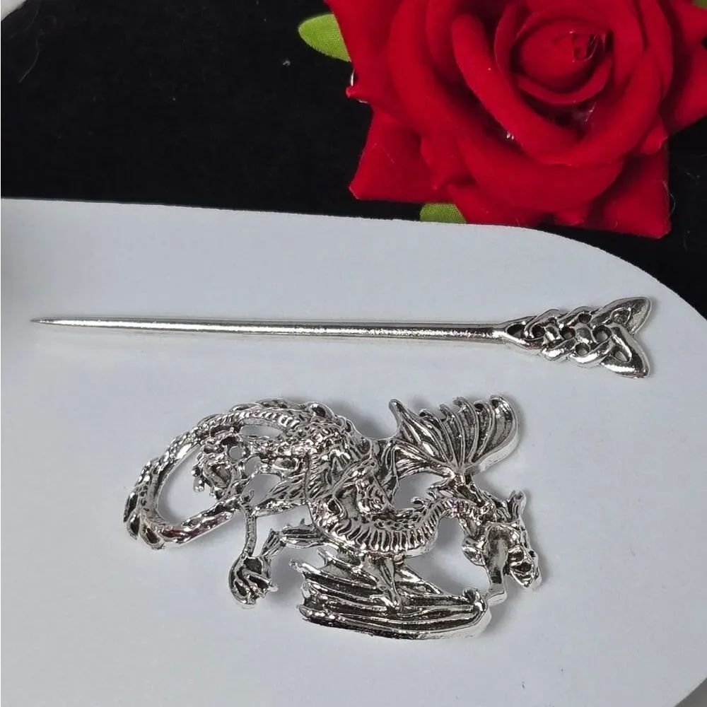 Silver Wyvern Dragon Celtic Knot Hair Pin Nordic Viking Stick Barrette Bun Clip